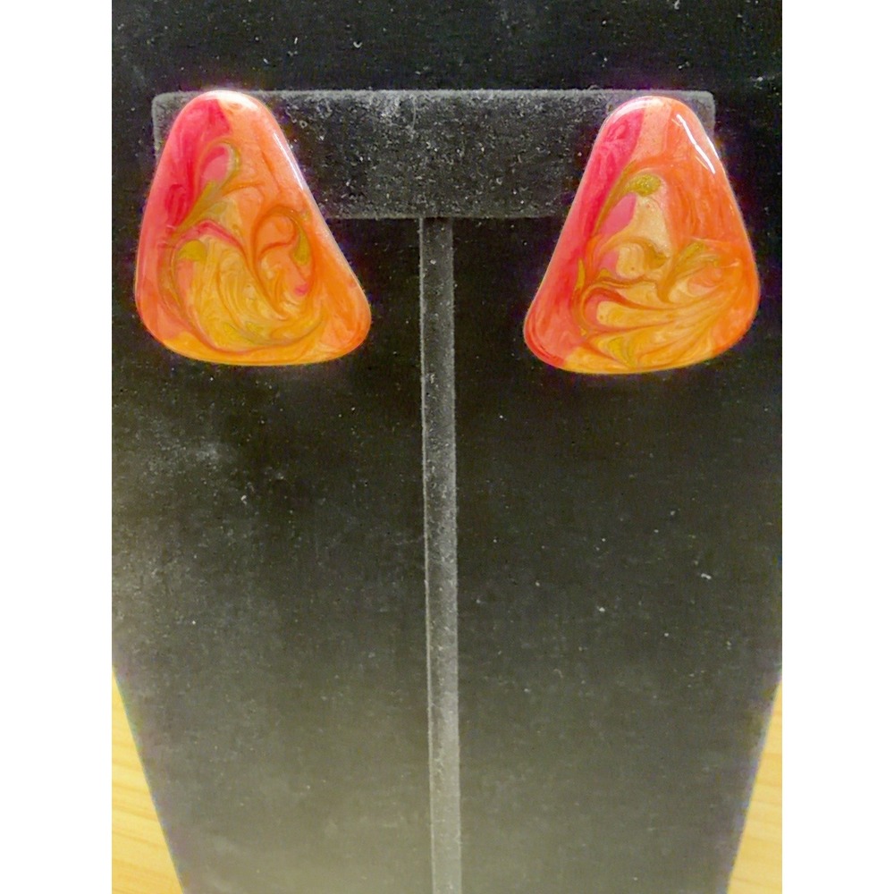 Coral Orange Pink Marbled Swirl Statement Pierced Earrings Gold Tone